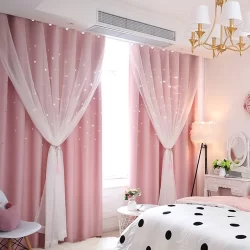 Bedroom with pink curtains and polka dot bed, featuring concealed tab top curtains