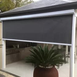 A house patio adorned with a sizable potted plant, complemented by Ziptrak Blinds